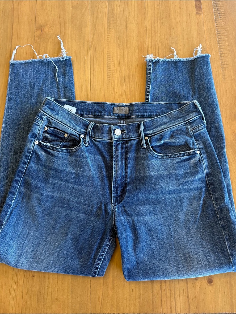 MOTHER Denim The Dropout Jeans Size 27 Dark Wash Raw Fray Hem Straight Leg Premi